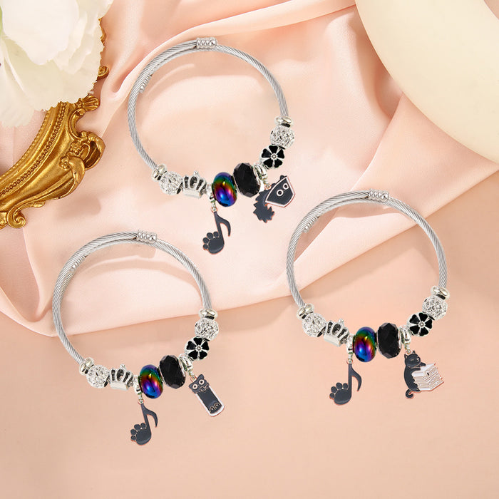 Wholesale Stainless Steel Plated Cartoon Black Cat Pendant Adjustable Bracelet for Women Party Wear