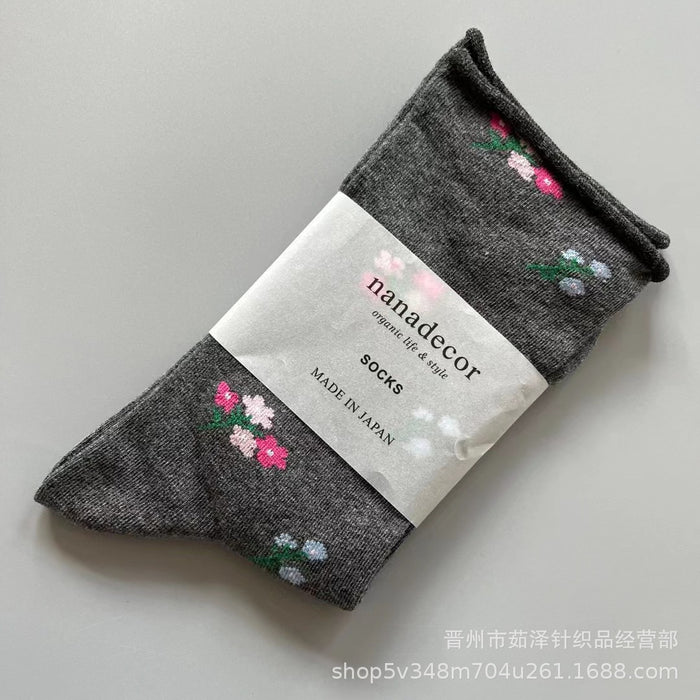 Wholesale Fruit and flower loose mouth rolled edge mid tube socks, simple cotton socks