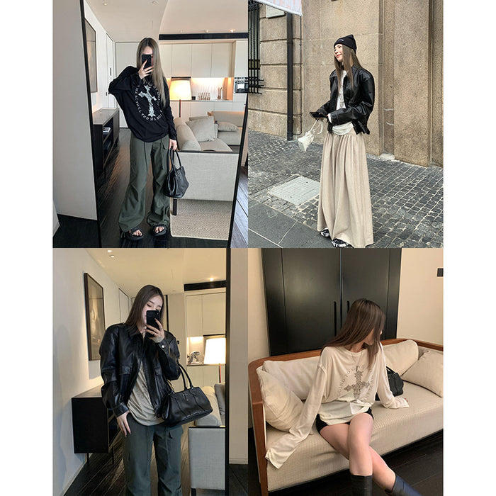 Wholesale Drapey raw edge printed long-sleeved loose T-shirt design mid-length for women