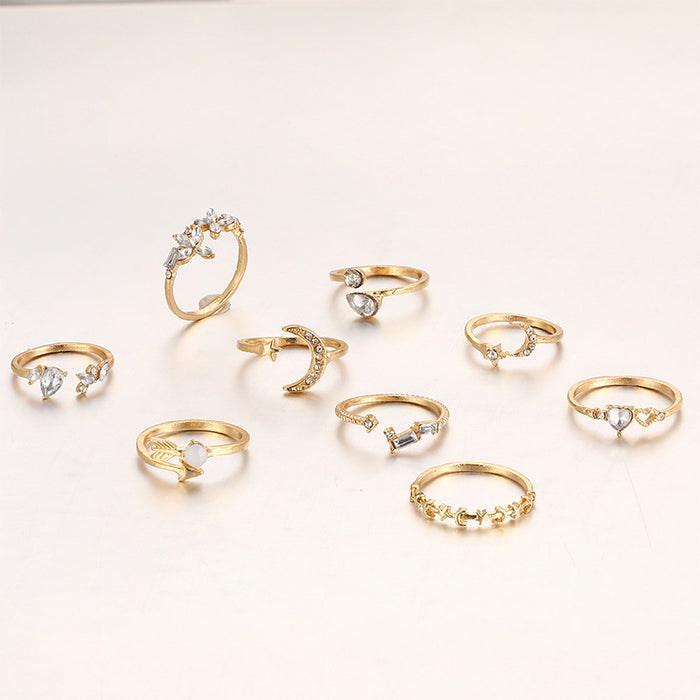 Wholesale Wholesale 9 pieces/set  love butterfly star moon diamond combination suit ring for women