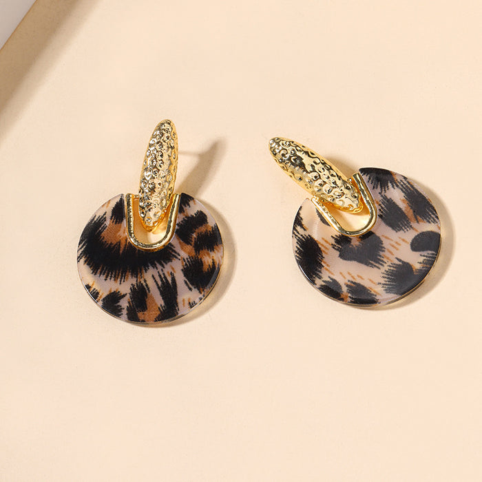 Wholesale Alloy round Disc Earrings Leopard Print Gold Plated S925 Silver Needle Drop