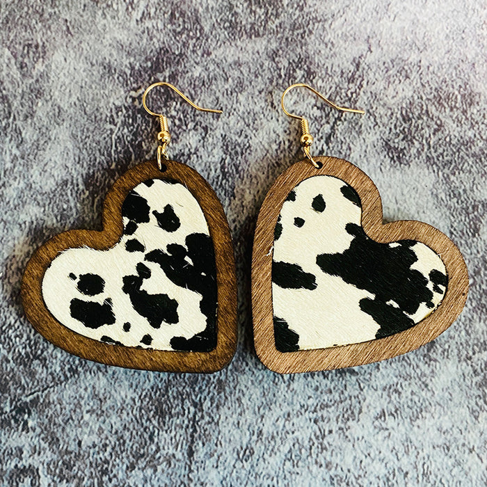 Wholesale  Valentine' s Day Genuine Leather Earrings Love Leopard Horse Hair Inlaid Wooden Earrings