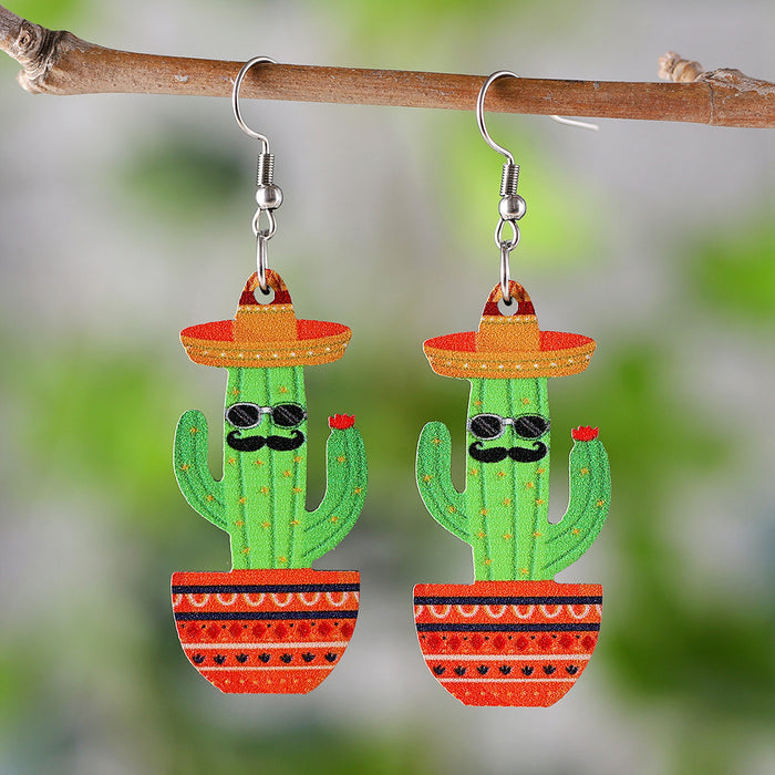Wholesale Mexico Fifth Festival of the Dead Straw Hat Funny Cactus Pendant Earrings Wooden Double-sided Earrings