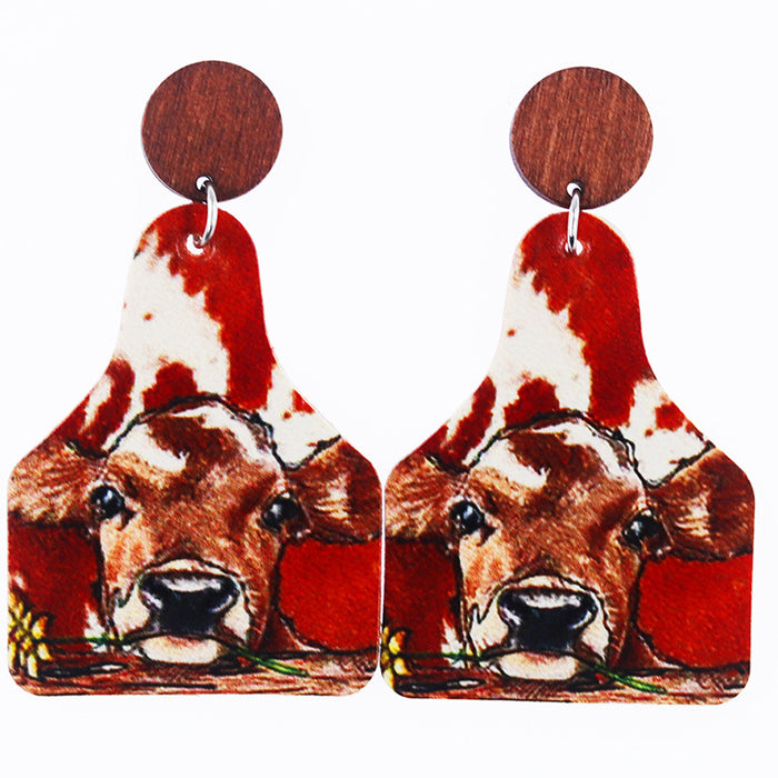 Wholesale Western Old Style Cow Sunflower Leopard Print Leather Bottle Shape Wooden Disc Splicing Earrings
