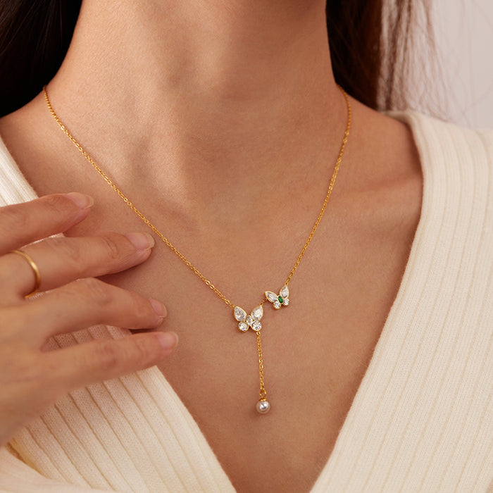 Wholesale Stainless steel necklace, fashionable and versatile for commuting, butterfly pearl, titanium steel lock chain