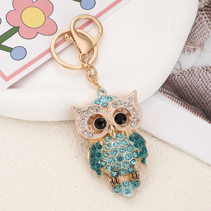 Wholesale Green Cartoon Owl Rhinestone Keychain Zinc Alloy Bag Charm MOQ≥2