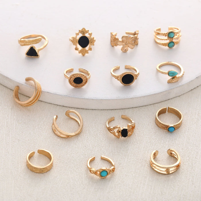 Wholesale Ethnic Style Retro Turquoise Carved Feather Ring Fashionable and Personalized 8-Piece Combination Ring Set