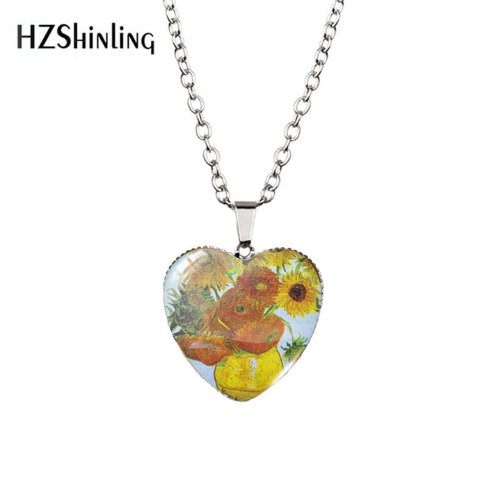 Wholesale Heart-shaped Necklace Van Gogh Starry Moon Night Sunflower Love Time Gem Pendant Sweater Chain