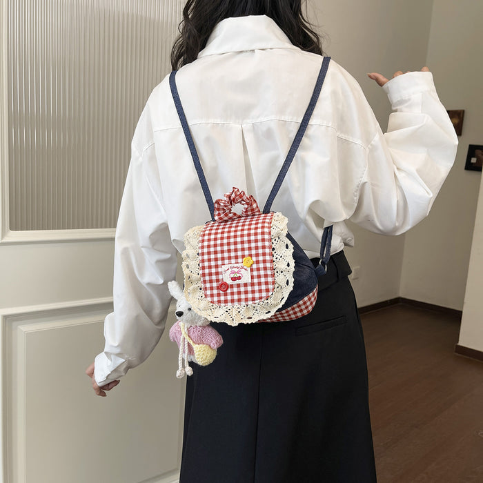 Wholesale Canvas Backpack Blue Contrast Plaid Street Fashion
