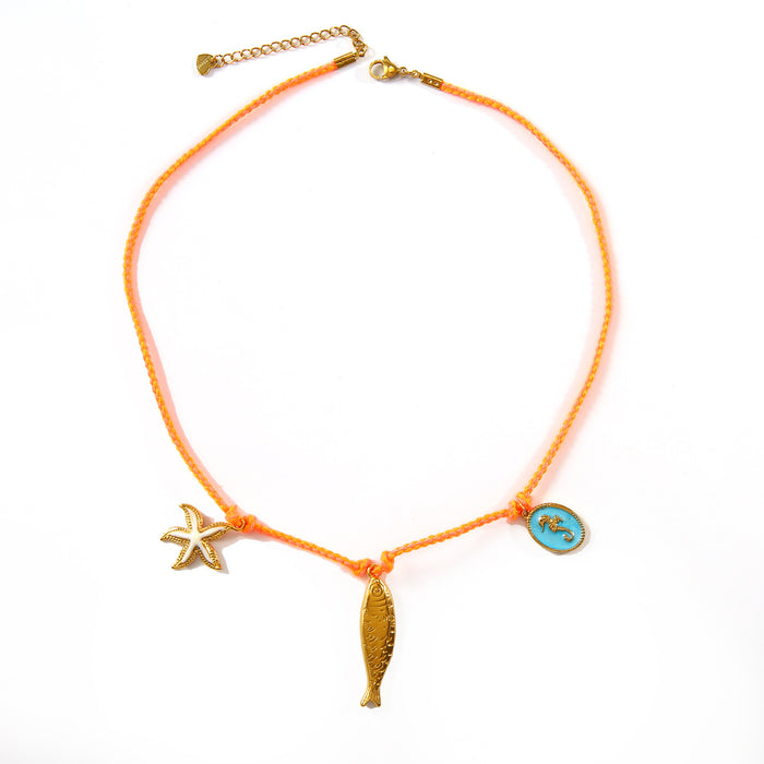 Wholesale New Product Original Design Natural Asbestos Rope Necklace with Stainless Steel Small Fish Pendant Exquisite Handmade Design