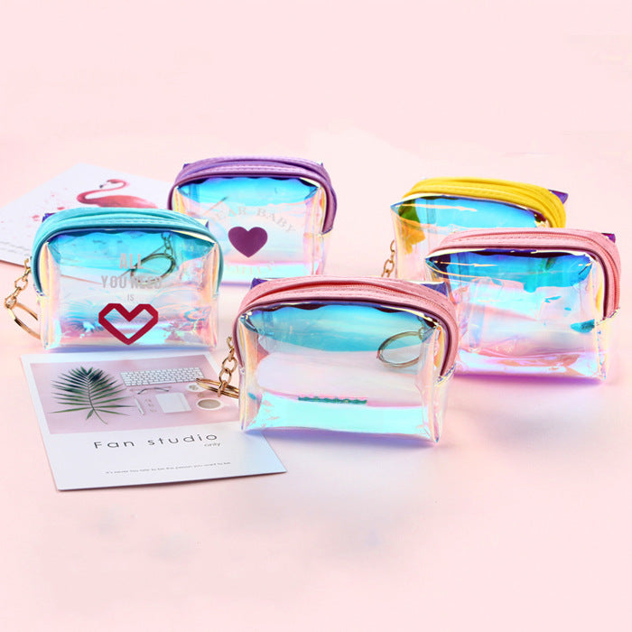 Wholesale girl heart transparent laser coin purse square octagonal data cable bag female Net red jelly coin purse