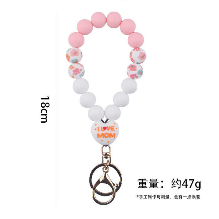 Wholesale Mother' s Day Silicone Wrist Keychain Pendant Love Silicone Beaded Bracelet Key Ring Accessories
