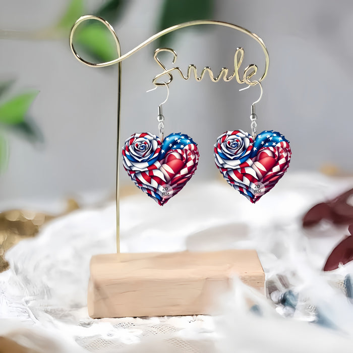 Wholesale Acrylic earrings with red, white, and blue flags, colorful heart-shaped rose earrings, and earrings