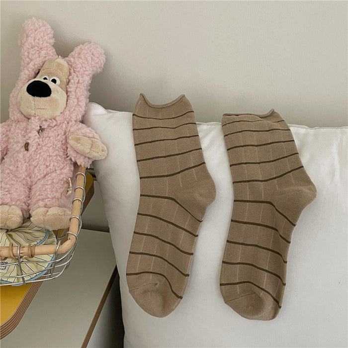 Wholesale Curled edge fine stripe mid tube socks, soft socks, stacked socks