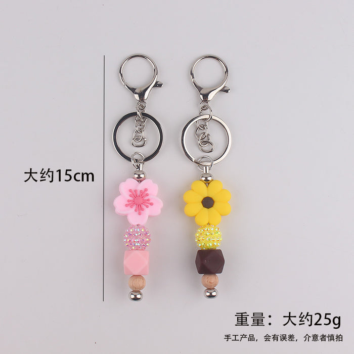 Wholesale Begonia  Flower Beaded Tassel Keychain Pendant Silicone Beads Handmade Bag Decoration Hanging