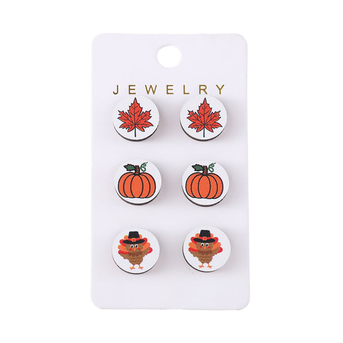 Wholesale Autumn Thanksgiving Pumpkin Maple Leaf Round Earrings suit Wooden Autumn Harvest Earrings Earrings