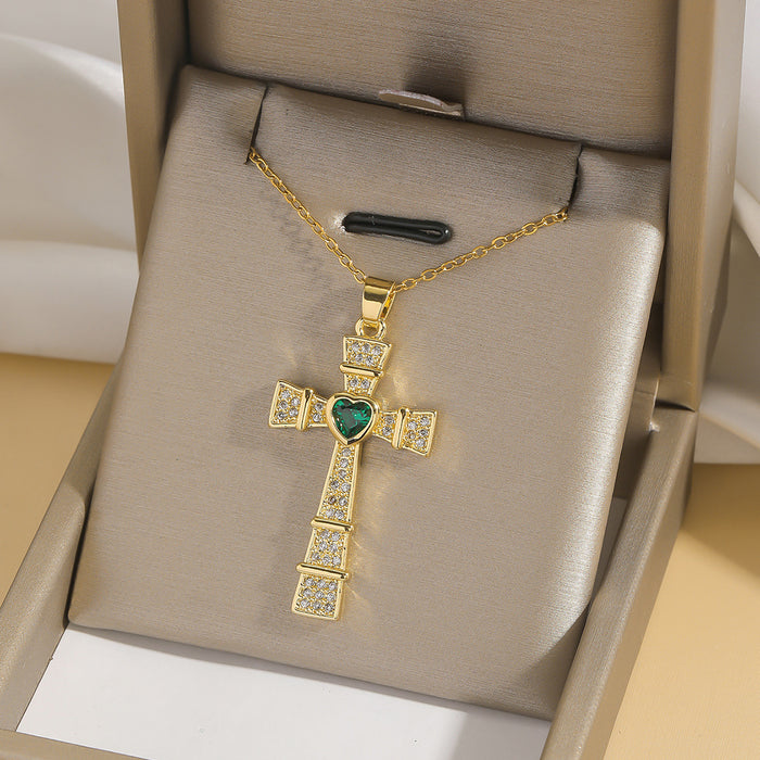 Wholesale Fashion colored zircon cross necklace, niche design accessory, collarbone chain