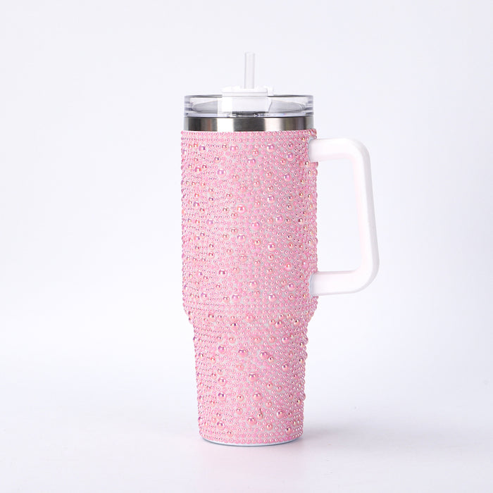 Wholesale Stainless steel pearl insulation cup,  large capacity,  pearl inlaid car cup,  40oz handle,  straw sticker,  diamond ice cup
