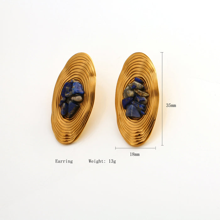 Wholesale Vintage exquisite high-end stainless steel oval earrings set with natural stone earrings and ring set