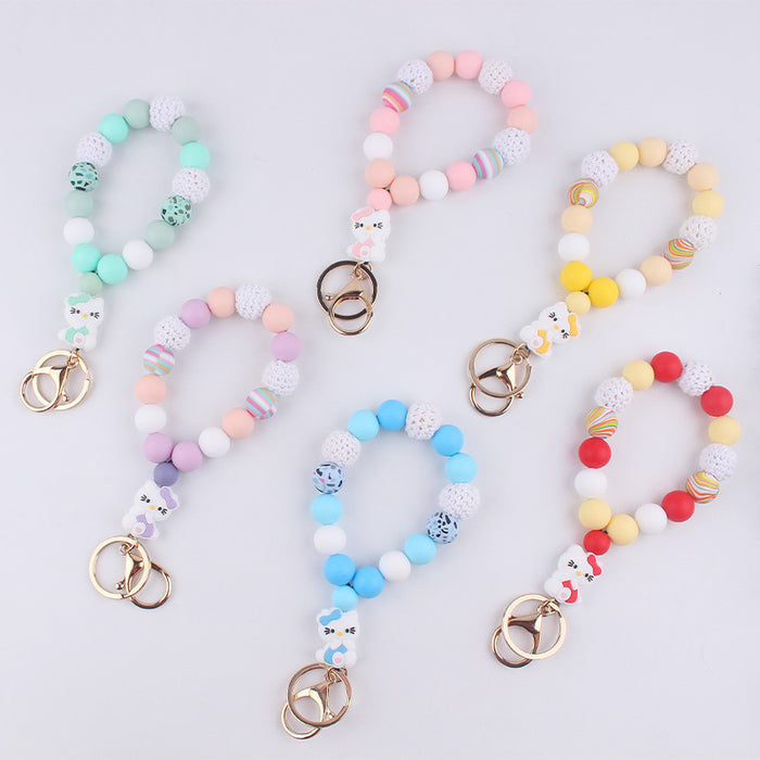 Wholesale Silicone wrist key chain pendant cartoon silicone cat DIY beaded bracelet key ring accessories