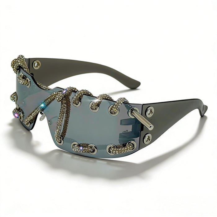 Wholesale Cyberpunk Rimless Rhinestone Sunglasses with Metal Rings and Rivets