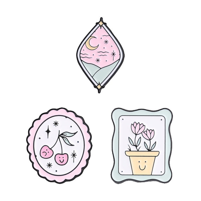 Wholesale Decorative Pink Macaron Pastoral Brooch Pin Zinc Alloy Enamel Moon Cherry Tulip Cartoon Badge Everyday Jewelry Accessory For Resale