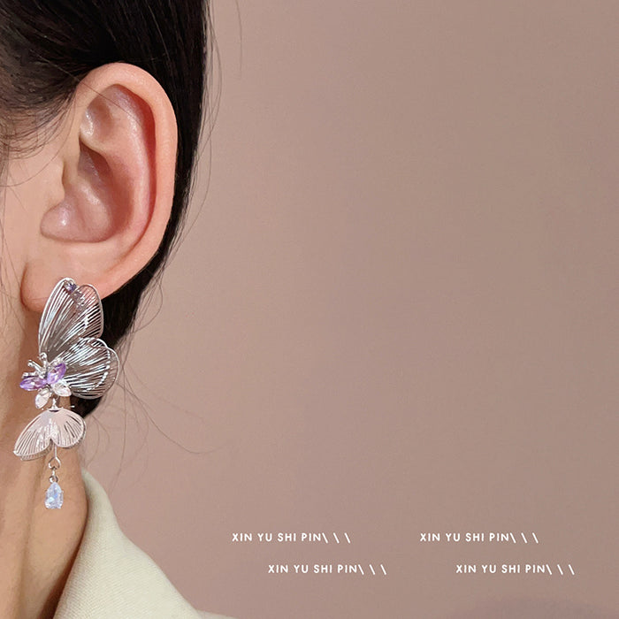 Wholesale Butterfly Elf Dynamic Three Dimensional Retro Hollow Long Zircon Earrings with High Quality Charm Ear Accessories