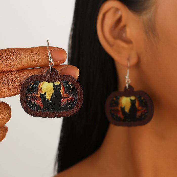 Wholesale Wooden Round Drop Earrings Castle Pumpkin Ghost Wizard Halloween Earrings