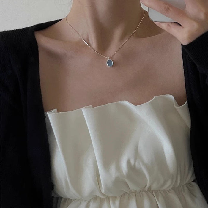 Wholesale Pure silver gemstone versatile necklace, geometric ellipse, high-end niche collarbone chain