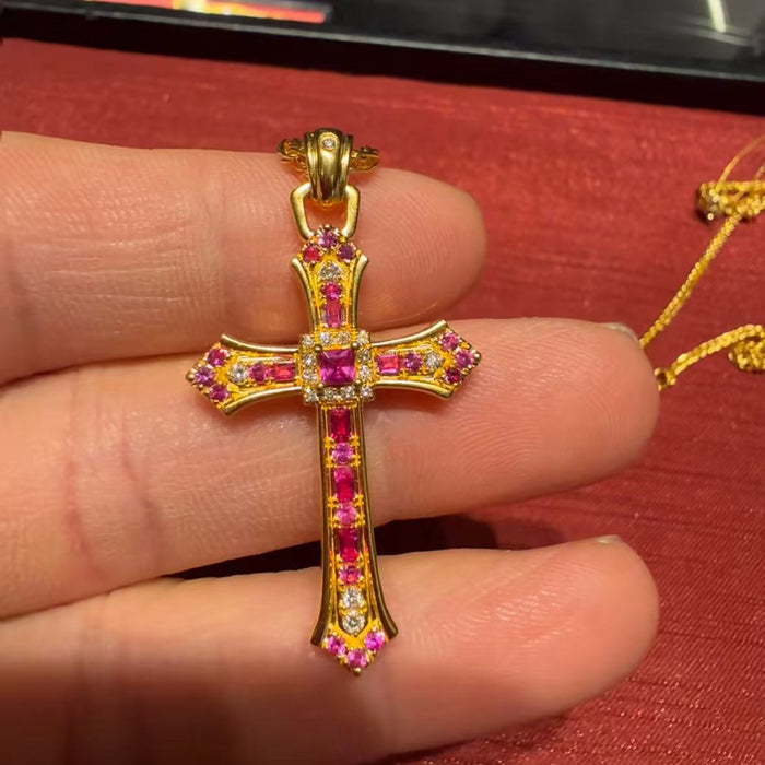 Wholesale 24K Gold Plated Brass Sapphire Blue Cross Pendant Sweater Chain Necklace Trendy Fashion Accessory