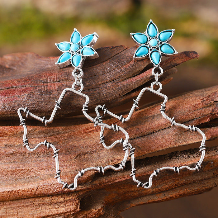 Wholesale Western style distressed Texas flower turquoise inlaid earrings ethnic style earrings