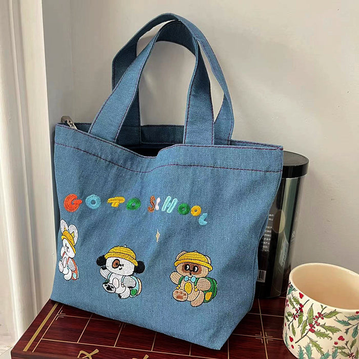 Wholesale Cartoon embroidery washed denim large capacity handbag student cute handbag bucket lunch bag