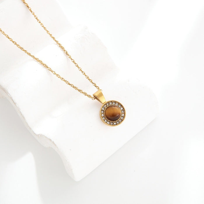 Wholesale Vintage diamond inlaid circular natural stone pendant necklace, light luxury niche stainless steel collarbone chain jewelry wholesale