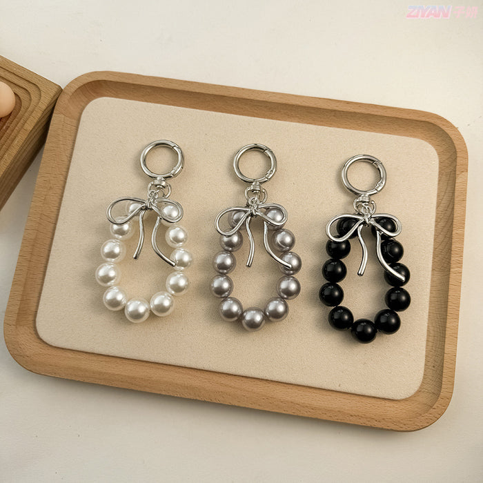 Wholesale Keychain Pendant Metal Shaped Bow Pearl Beaded Mobile Phone Hanging Accessories