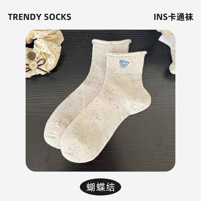 Wholesale Curled edge socks made of pure cotton, thin design, mid tube socks, sweat absorbing, odor proof, butterfly knot, versatile stacking socks