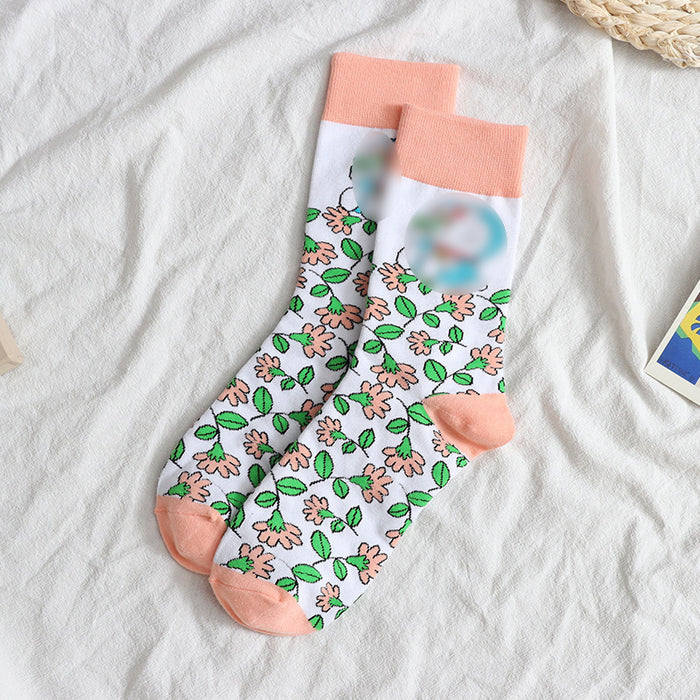 Wholesale New mid length socks with small floral patterns, versatile cotton socks, trendy design, women's socks