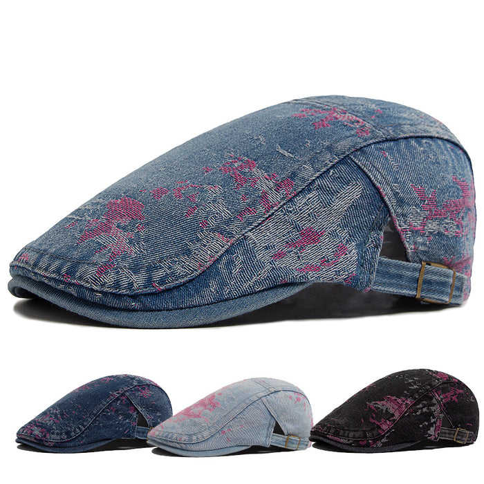 Wholesale Fashion printed washed cotton denim beret, casual forward hat, sun visor wholesale