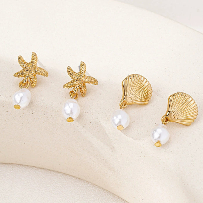 Wholesale  6 sets creative new pearl starfish shell zircon earrings women factory direct sales