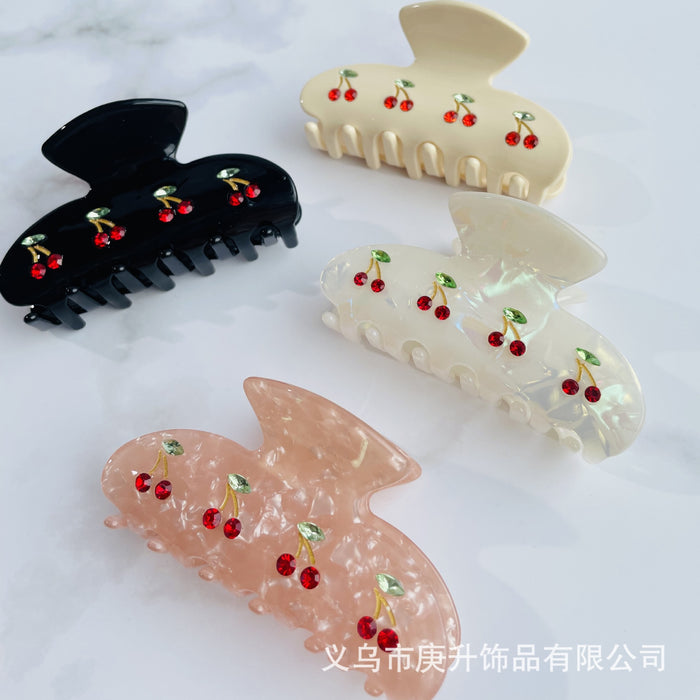 Wholesale Cute Cherry Rhinestone Acetate Hair Clip Grip for Women Daily Hair Accessory