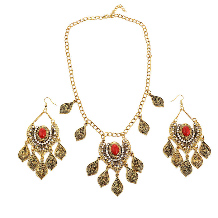 Wholesale Vintage diamond inlaid carved headband necklace set