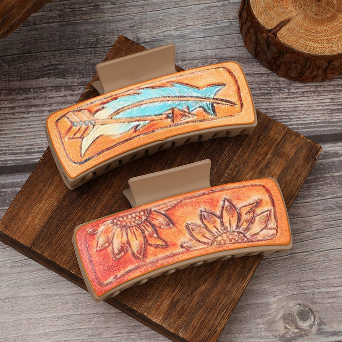 Wholesale Western Wind Sunflower Feather Pattern PU Leather Hairpin Women Shark Clip