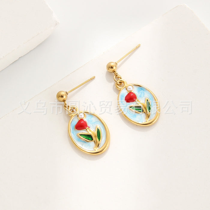 Wholesale Oil Painting Flower Pendant Earrings Necklace Set Versatile Stainless Steel Oil Dripping Double Layer Clavicle Chain