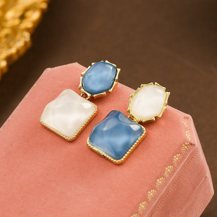Wholesale Color blocking water ripple retro geometric square unique light luxury design earrings
