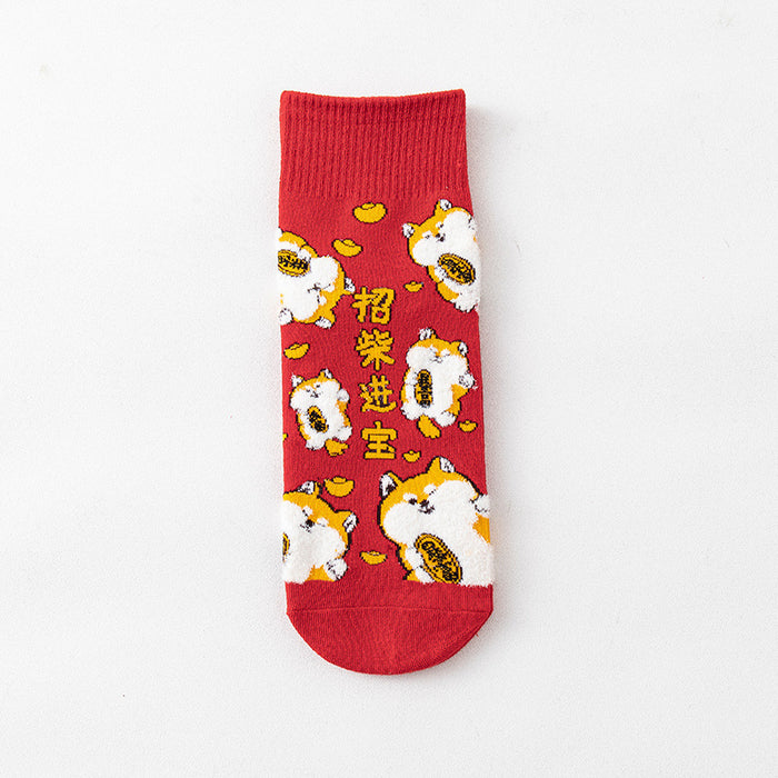 Wholesale Socks for men and women mid-tube socks cotton bottom festive red stockings new year gift lucky cat socks