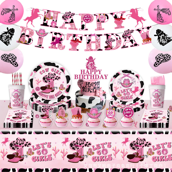 Wholesale Western Cowgirl Theme Birthday Party Decoration Paper Tray Paper Cup Tablecloth Disposable Tableware suit