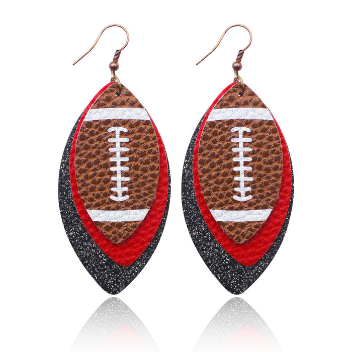 Wholesale Sporty Rugby Brown Leopard Leaves Three-layer Leather Diamond Rugby Earrings