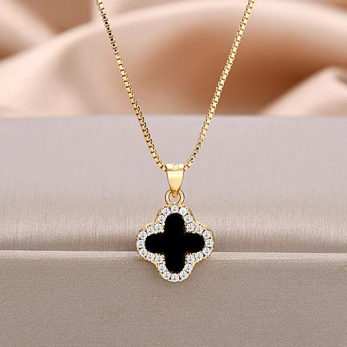Wholesale Golden Luxury Diamond Four-leaf Clover Necklace Women's Black and White Double-sided Clavicle Chain 18K Gold-plated Necklace Chain