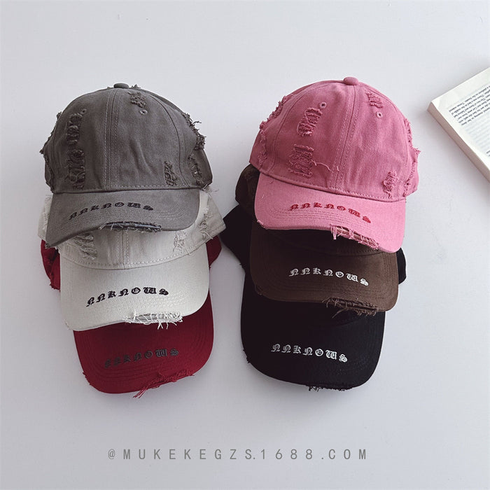 Wholesale Children's duckbill cap with worn holes, embroidered letters, fashionable sun shading baseball caps for boys and girls