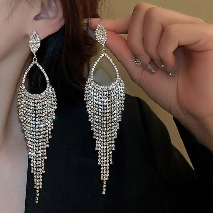 Wholesale Diamond Water Drop Long Tassel Silver Pin Earrings for Women