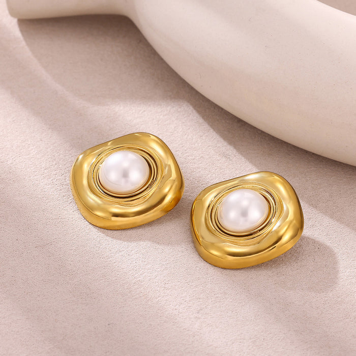 Wholesale Leaf Imitation Pearl Earrings Stainless Steel Gold-Plated Round Geometric Earrings